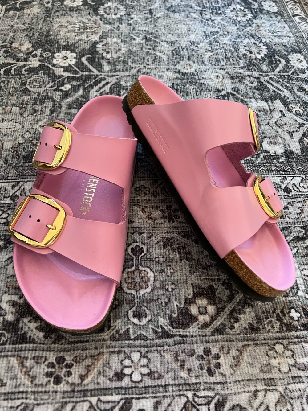 Birkenstock Pink Double-Buckle Slide Sandals with Gold Buckles - Picture 4 of 5